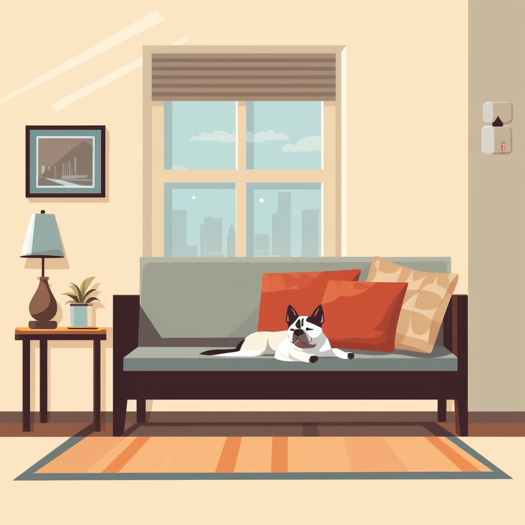 A calm and comfortable room with a dog lying down